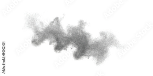 A wavy trail of dark gray powder particles exploding against a clean white background