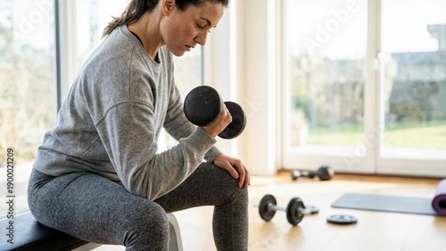 Focused Woman Strength Training with Dumbbells in a Bright Home Gym