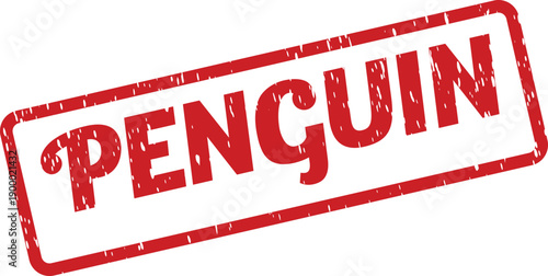 Penguin word written on a red distressed rubber stamp ink seal icon