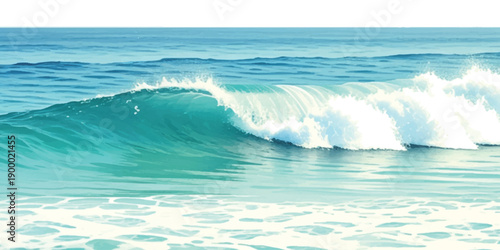 A powerful turquoise wave crests and curls in the deep blue ocean, creating white foam and spray.