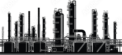 Industrial Oil Refinery Plant Silhouette Vector Illustration, Chemical Factory with Towers Pipes and Storage Tanks for Energy Fuel and Petrochemical Manufacturing Design,
