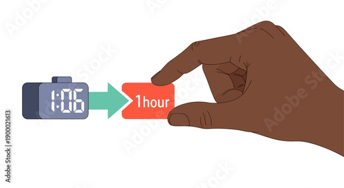 Time Duration Concept: Dark-Skinned Hand Holding 1 Hour Block with Digital Clock and Arrow. Scheduling, Time Management, and Workflow Illustration.