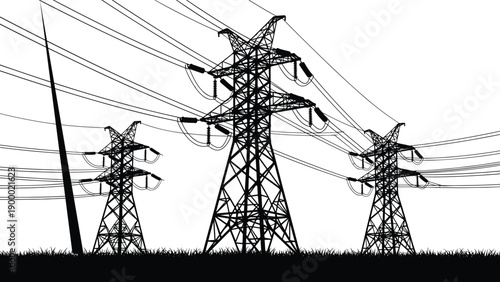 High voltage transmission towers and electrical power lines silhouette standing over a grass field landscape representing industrial energy infrastructure, utility grid distribution, and engineering.