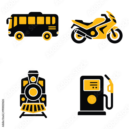 Vector art of collection of transportation icons bus, motorcycle, train, and gas pump