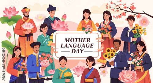 Diverse group celebrating mother language day with flowers and traditional attire
