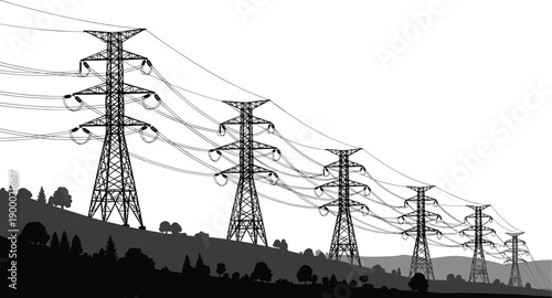 High voltage transmission towers and power lines silhouette on a sloping hillside landscape representing industrial energy infrastructure, electrical grid distribution, and modern utility systems.