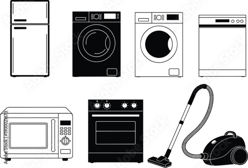 Household appliance silhouette set, kitchen and laundry tools, cleaning equipment, vector icons, flat cad drawing, black device illustration