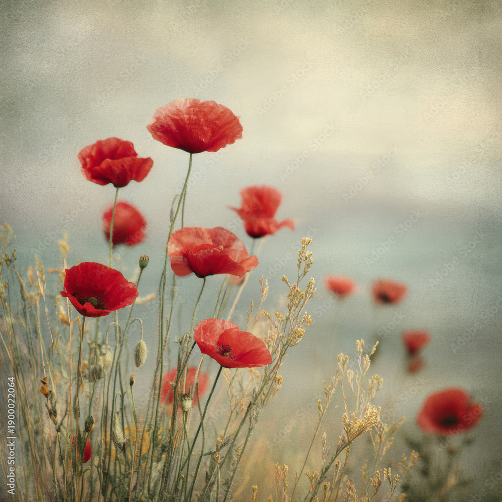 Obraz premium Red Poppy Meadow Vintage Painting AI generative, Generative AI