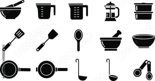 Kitchenware and Cooking Utensils Icon Set, Professional Culinary Tools Vector Illustration, Black Silhouette Symbols for Restaurant Menu Design and Home Kitchen Branding