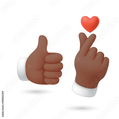 Vector 3d Like and Love Hands Set. Like and Love Hands. Thumbs Up and Finger Heart Gesture with Red Heart Icon. Social Media Reaction Symbol, Isolated