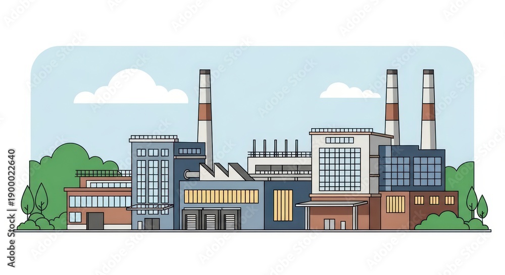 Obraz premium Industrial Factory Building Complex Illustration with Smokestacks and Trees Under Blue Sky