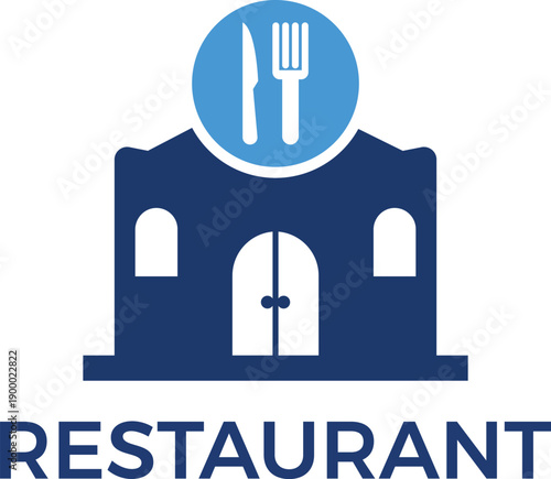 Restaurant Logo Design with Cutlery Icon and Classic Bistro Building, Blue Dining and Hospitality Branding Symbol Featuring Knife and Fork Graphic