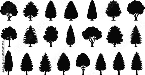 Large Collection of Twenty One Different Black Silhouette Vector Illustrations of Deciduous and Coniferous Trees for Nature Forest and Outdoor Environment Graphic Designs