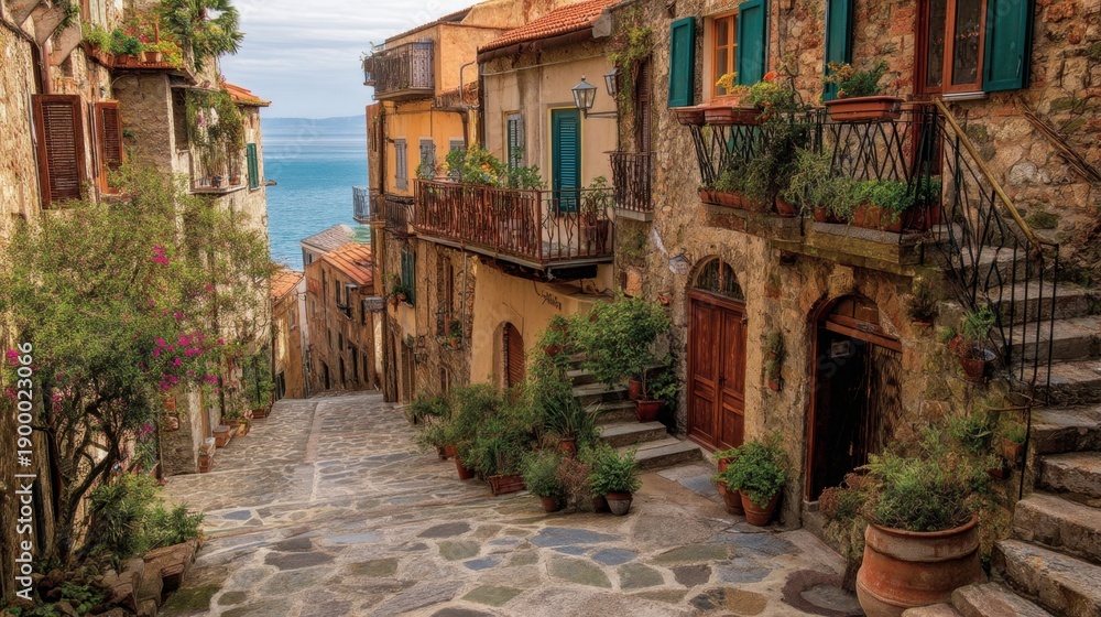 Fototapeta premium Charming village alley with rustic architecture and seaside view