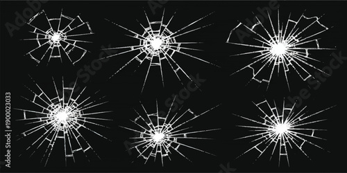 Six individual broken glass crack patterns on a black background for design elements