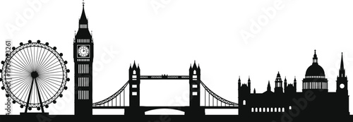 London city skyline silhouette vector illustration featuring Big Ben, London Eye, Tower Bridge, and Saint Pauls Cathedral for United Kingdom travel design.