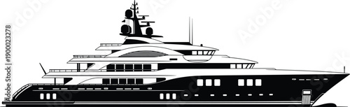 Luxury Yacht Silhouette Vector Illustration, Modern Superyacht Side View for Maritime Travel Ocean Transportation Nautical Lifestyle and Expensive Vacation Cruise Ship Graphic Design,