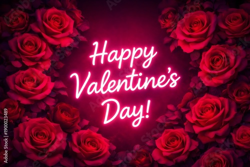 Vibrant Valentine’s Day poster with deep red roses framing the edges, glowing neon script text in the center reading “Happy Valentine’s Day”