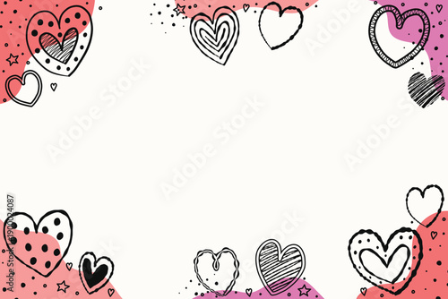 Background collection with cartoon hearts. Design with hand drawn elements for Valentine’s Day, Mother’s Day and Women’s Day. Vector illustration