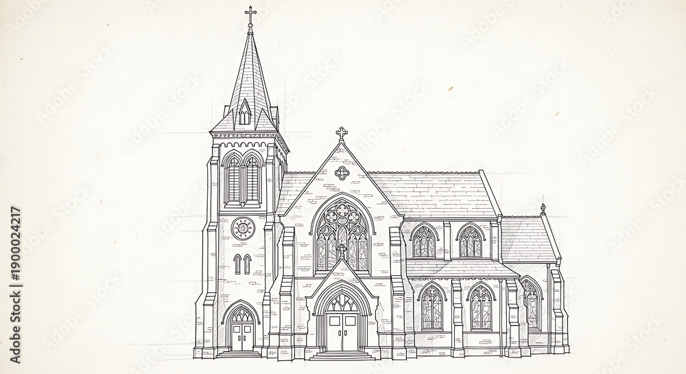 Fototapeta premium Detailed Gothic Church Building with Steeple and Arched Windows