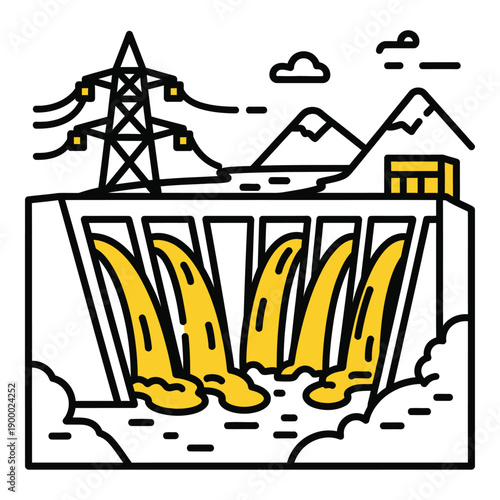 Vector art of hydroelectric dam with water flowing through gates, power lines, and mountains in the background