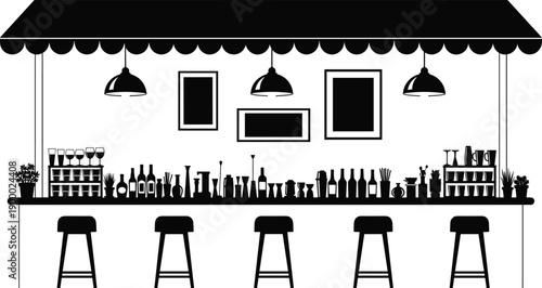 Modern cafe bar counter silhouette vector illustration featuring stools, pendant lights, awning, and bottles for restaurant interior and hospitality service design projects.