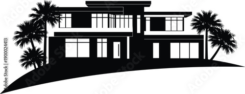 Modern Luxury Villa House Silhouette Vector Illustration, Tropical Palm Tree Landscaping, Contemporary Real Estate Architecture Mansion, Dream Home Exterior Design Graphic Icon Template