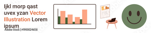 Business analytics, creative workspace, data , minimal design, infographic creation, and emotional concepts. Bar chart, desk with laptop and smile icon. Business analytics and creative workspace