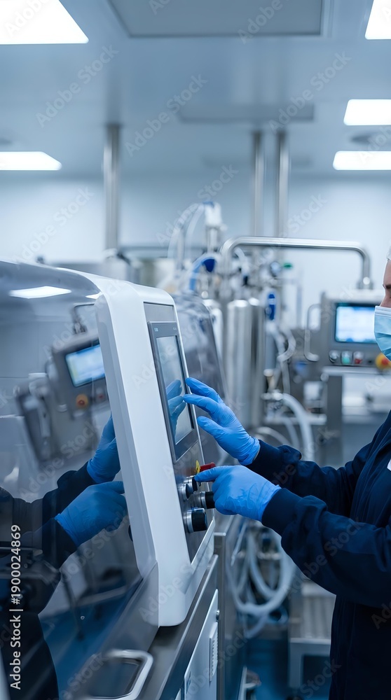 Naklejka premium Pharmaceutical technician operating modern manufacturing equipment in sterile laboratory facility with advanced control systems and safety protocols.