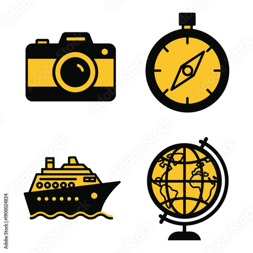 Vector art of set of travel icons including a camera, compass, cruise ship, and globe