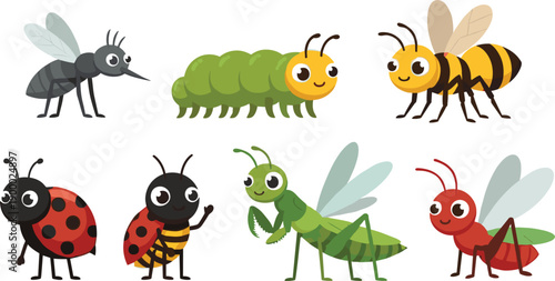Cute Garden Insect Vector Set with Bee Caterpillar Ladybug Grasshopper Mosquito and Ant for Kids Education Nature Biology and Summer Themed Illustration