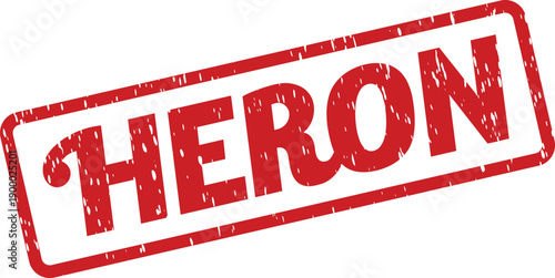 Grungy red rectangular rubber stamp imprint clearly displaying the animal name HERON on a clean surface