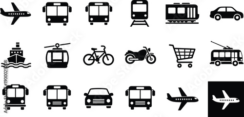 Transportation icons silhouettes set showing airplane, bus, train, car, bicycle, ship, tram and public transport black vector illustration