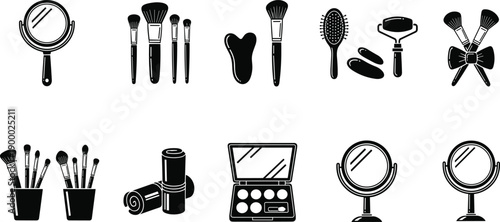 Makeup and beauty tools silhouettes collection showing brushes, mirrors, palette, sponge, hair accessories and cosmetic equipment black vector illustration