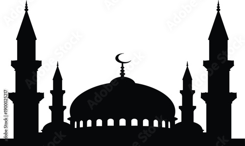 Mosque silhouette with dome and minarets, Islamic architecture vector illustration for Ramadan Kareem, religious building icon, middle eastern culture background, masjid.