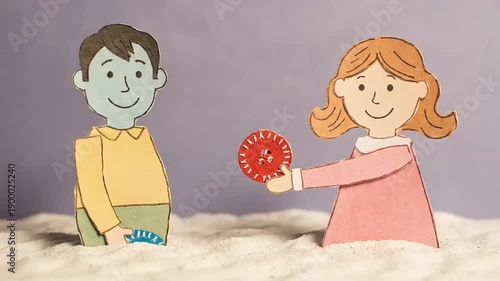Whimsical Stop Motion Animation of Paper Children Sharing Handmade Buttons in a Playful Exchange