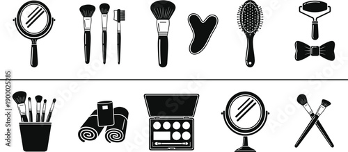 Beauty and makeup tools silhouettes set showing brushes, mirror, palette, sponge, hair accessories and cosmetic equipment black vector illustration