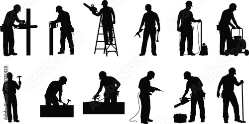 Construction workers silhouettes set showing industrial laborers using tools, machinery, ladders, and equipment, professional building and maintenance vector illustration