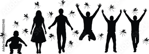 Mosquito exposure silhouette, human figures, insect danger, vector illustration, public health, pest control, disease risk, outdoor threat, awareness, prevention, summer concern