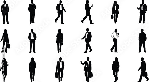 Business people silhouettes set showing men and women walking, standing, gesturing with briefcases, professional corporate lifestyle vector illustration collection