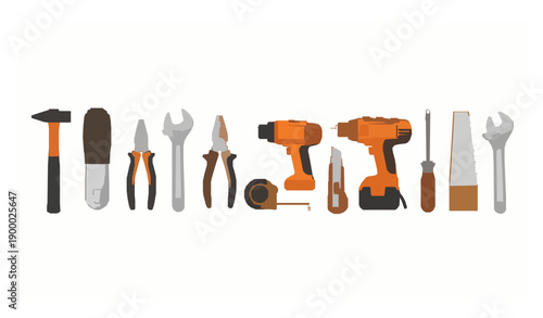 Orange handyman tools vector banner set with rubber and steel repair equipment isolated on white background