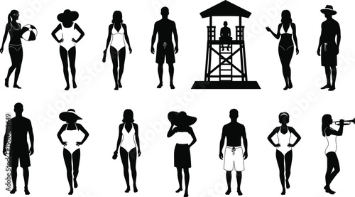 Beach people silhouettes collection with lifeguard tower, summer vacation activities, swimmers, sunbathers, surfers, and seaside lifestyle vector illustration set