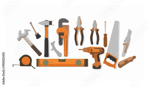 Handyman shop tools vector set with orange rubber and metal repair instruments isolated on white