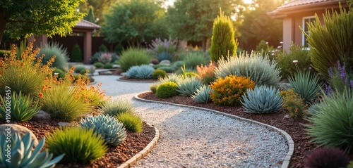 Manicured xeriscape garden with drought tolerant plants, gravel paths outside residential house. Water saving landscaping features succulents agaves, ornamental grasses. Warm sunset light illuminates
