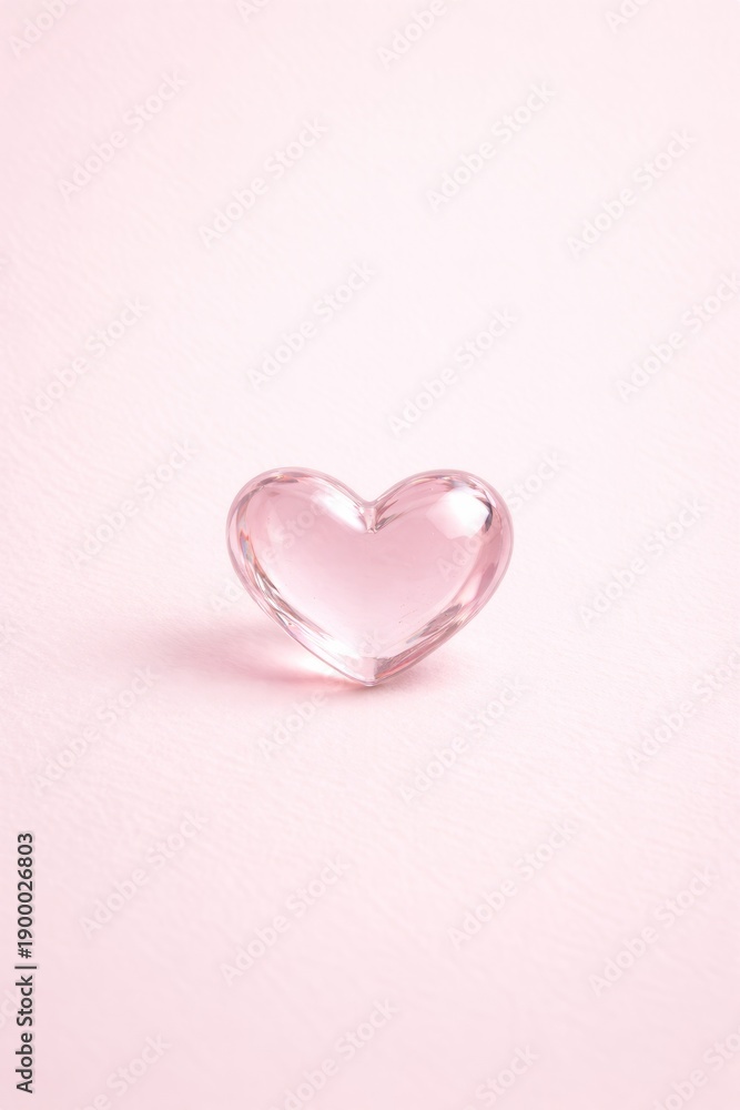 Fototapeta premium Clear Glass Heart on Pastel Pink Background with Copy Space