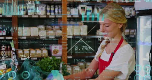 Clerk entering, arranging produce, checking tomatoes, smiling at camera, restocking, HUD overlaying