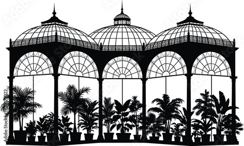 Orangery Greenhouse Silhouette Vector Illustration, Vintage Glass House Conservatory With Tropical Palm Plants and Potted Trees for Garden Architecture and Botanical Design,