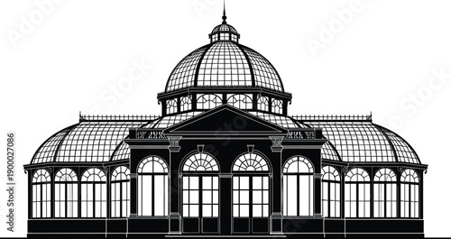 Orangerie Greenhouse Silhouette Vector Illustration, Victorian Glass House Architecture for Botanical Garden Conservatory Plants Growth and Classic Historical Building Graphic Design,