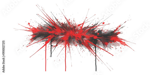 A dynamic and chaotic abstract paint splatter design in vibrant red and black colors against a white background