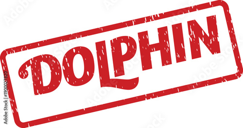 Vibrant red rubber stamp displaying the word DOLPHIN with a textured distressed effect